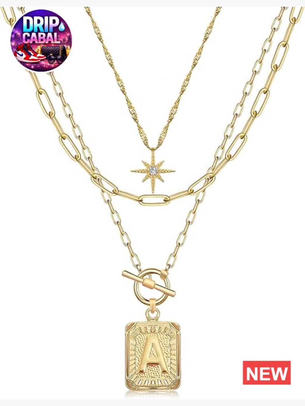 Layered Initial Necklace 14K Gold Plated Brass Square Pendant Paperclip Chain